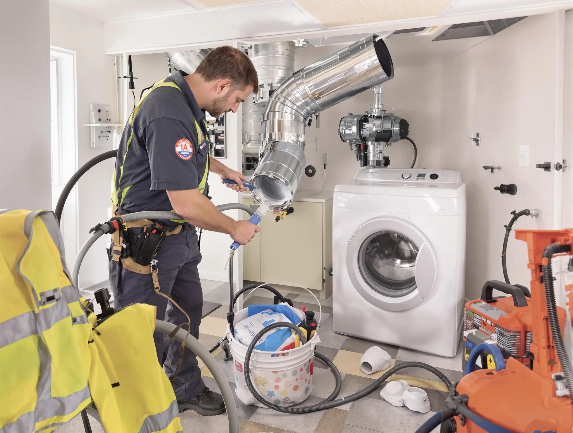 San Bernardino Dryer Vent Cleaning technician using specialized equipment to clear severe dryer vent blockage in San Bernardino